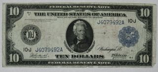 1914 $10 Federal Reserve Note Kansas City Fr.  940 Circ Net Fine Stains Holes (492a