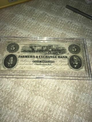 April 1861 Farmers And Exchange Bank $5 Note,  Charleston Sc