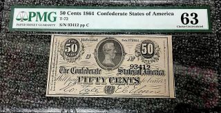 1864 50 Cents,  Confederate States Of America Note,  T - 72,  Pmg 63 Choice Unc.