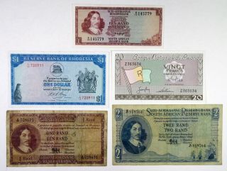 South Africa 1,  2 Rand 1960s P - 103a,  104a,  109,  Rhodesia $1 1973,  Rwanda 20f (5)