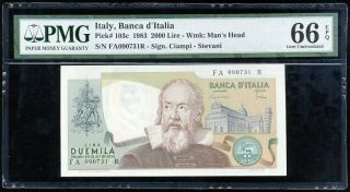 Italy 2000 2,  000 Lire 1983 P 103 Gem Unc Pmg 66 Epq Nr