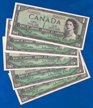 5 Canada 1954 One 1 Dollar Bills Notes Beattie Rasminsky Ef