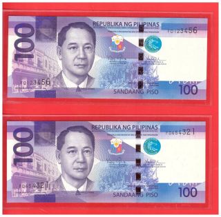 2010 Philippines 100 Peso Ngc Aquino & Tetangco Ladder Fd 123456 & Fd 654321 Unc