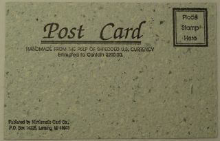 Post Card Handmade Macerated Shredded Us Currency Published Numismatic Card Co