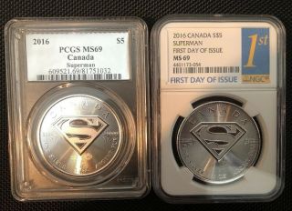 (2) 2016 Canada Superman S Shield - Silver 1 Oz Coins $5 Dollar Ea.  Ms69 Ngc &pcgs