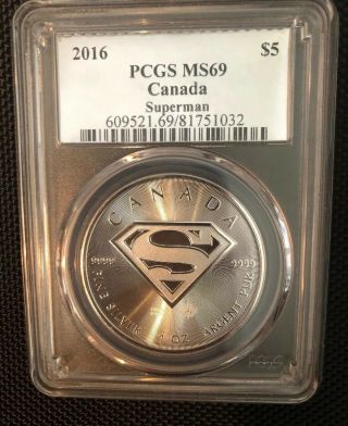 (2) 2016 CANADA SUPERMAN S SHIELD - SILVER 1 OZ COINS $5 DOLLAR EA.  MS69 NGC &PCGS 7