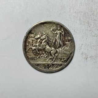 Italy Kingdom Silver 1914 2 Lire Vittorio Emanuele Iii Horses Roman Quadriga Wwi