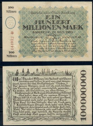 Germany 100 Millionen Mark Bamberg Banknote Notgeld Gutschein 1923 Vf