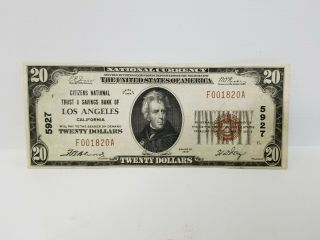 1929 Citizens Bank Of Los Angeles National Currency Brown Seal 20 Twenty Dollars