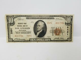 1929 National Bank Of Los Angles National Currency Brown Seal $10 Ten Dollars