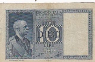 1939 Italy 10 Lire Note,  Pick 25c