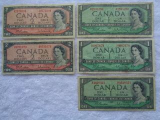 1954 Canada Three $1 Notes And Two $2 Notes