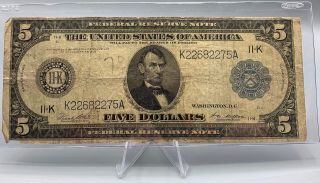 Large 1914 $5 Dollar Bill Federal Reserve Note Big Frn Paper Money Bank Dallas
