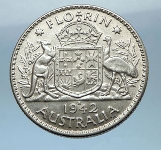 1942 Australia - Florin Large Silver Coin King George Vi Coat - Of - Arms I68331