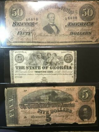 Confederate Note 1864 $50 Cs - 66 $5 Cs - 69 & Georgia Obsolete Scrip Note 25c