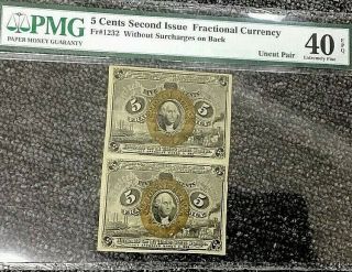 Fr 1232 5 Cents Second Issue Fractional Currency Uncut Pair,  Pmg Ef - 40epq