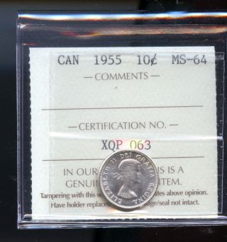 1955 Canada Silver 10 Cents Iccs Certified Ms64 Dcd63