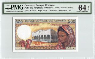 Comoros Nd (1986) P - 10a Pmg Gem Unc 64 Epq 500 Francs