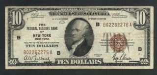 $10 Dollar 1929 National York Usa Brown Seal Ny Hamilton Old Money Bill Note