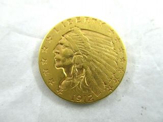 1912 $2 - 1/2 Dollar Gold Indian Head Coin Extra Fine,