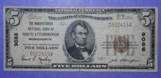 1929 $5 Type I National Bank Note Manufacturers Nb Of North Attleborough Ch.  F