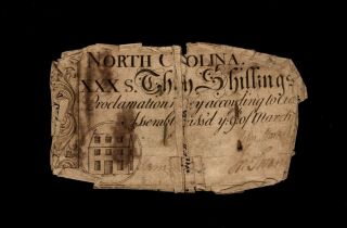 Historic North Carolina Colonial Currency - March 9,  1754 - 30 Shillings