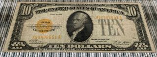 1928 $10 DOLLAR BILL GOLD CERTIFICATE FRN PAPER MONEY NOTE CURRENCY RARE 3