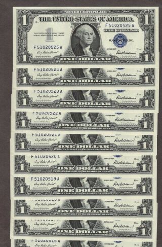 10 Consecutive 1957 $1.  00 Silver Certificates,  Gem Unc