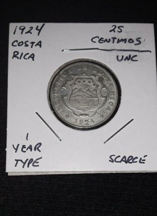 1924 Costa Rica 25 Centimos.  Unc 1 Year Type Coin