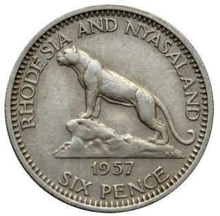 Rhodesia & Nyasaland 6 Pence 1957 Vf Lion