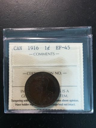1916 Canada Large 1 Cent Coin - Iccs Ef - 45