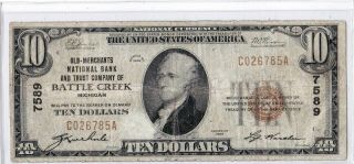 $10 Old - Merchants National Battle Creek Michigan Mi Very Collected Bank Name