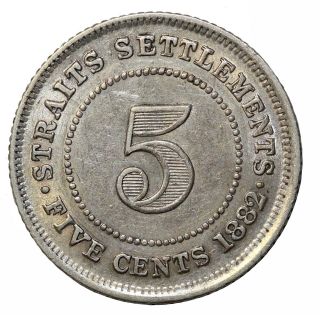 1882 - H British Straits Settlements Silver Five 5 Cents Queen Victoria KM 10 2