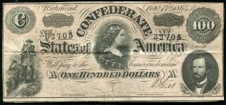 T - 65 1864 $100 One Hundred Dollars Csa Confederate States Of America
