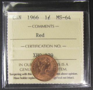 1966 Canada 1 Cent Iccs Graded Ms - 64; Red (small Cent Or Penny)