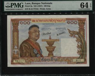 Tt Pk 6a Nd (1957) Laos Banque Nationale 100 Kip " S.  Vong " Pmg 64 Epq Choice Unc