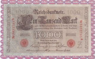 1910 1000 Reichsbanknote S/n 5952786a " Z " Series.  Crisp,  Uncirculated.