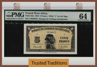 Tt Pk 28a 1942 French West Africa 5 Francs Pmg 64 Choice Surviving World War Ii