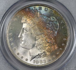 1883 - O Morgan Silver Dollar PCGS MS64,  CAC PQ rainbow toned 3