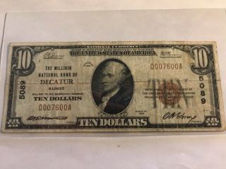 1929 $10 Dollar Millikin National Bank Ch 5089 Decatur IL,  ILLINOIS Serial 7600 2