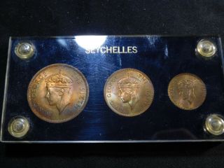 B119 British Africa Seychelles 1948 1,  2,  5 Cents 3 Coin Set Toning