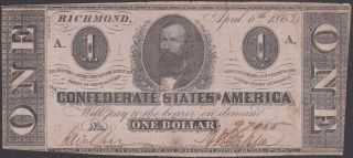 Confederate Csa 1863 T62 One Dollar Note