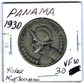 1930 Panama Silver 1/2 Balboa V/f - Xf Value $80