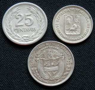 Latin America,  3 Different Silver Coins From Panama,  El Salvador And Venezuela