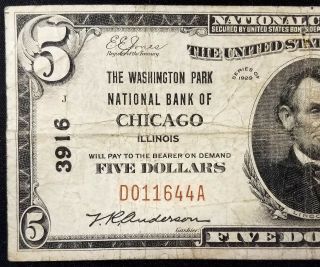 1929 $5.  00 National Currency from The Washington Park National Bank of Chicago 2