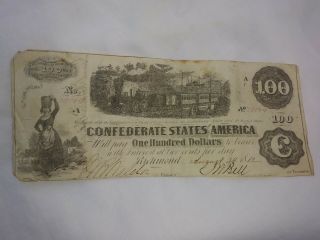 1862 Confederate States America 100 Dollars Richmond