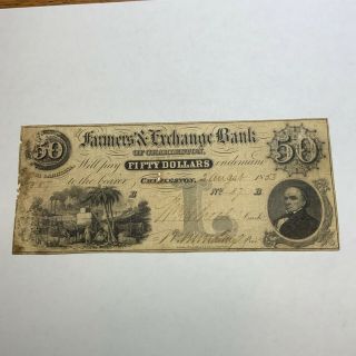 1853 $50 The Farmers & Exchange Bank Of Charleston South Carolina Obsolete Note
