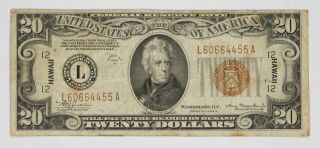 1934 A $20 Hawaii Overprint Federal Reserve Note Circulated F/vf Fine (455a)