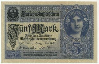 Germany,  Deutschland - 5 Mark 1.  8.  1917.  P56 Ro54a,  Unc.  (d185)