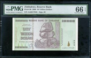 Zimbabwe 50 Trillion Dollars 2008 Aa P 90 Gem Unc Pmg 66 Epq Nr